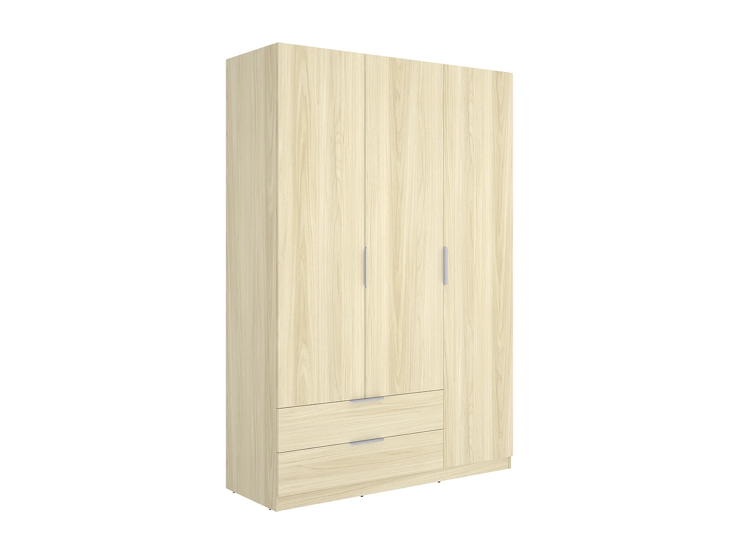 Armoire placard de rangement à 3 portes battantes et 2 tiroirs, coloris Chêne clair - Hauteur 203,5 x Longueur 136,6 x Profondeur 51,4 cm