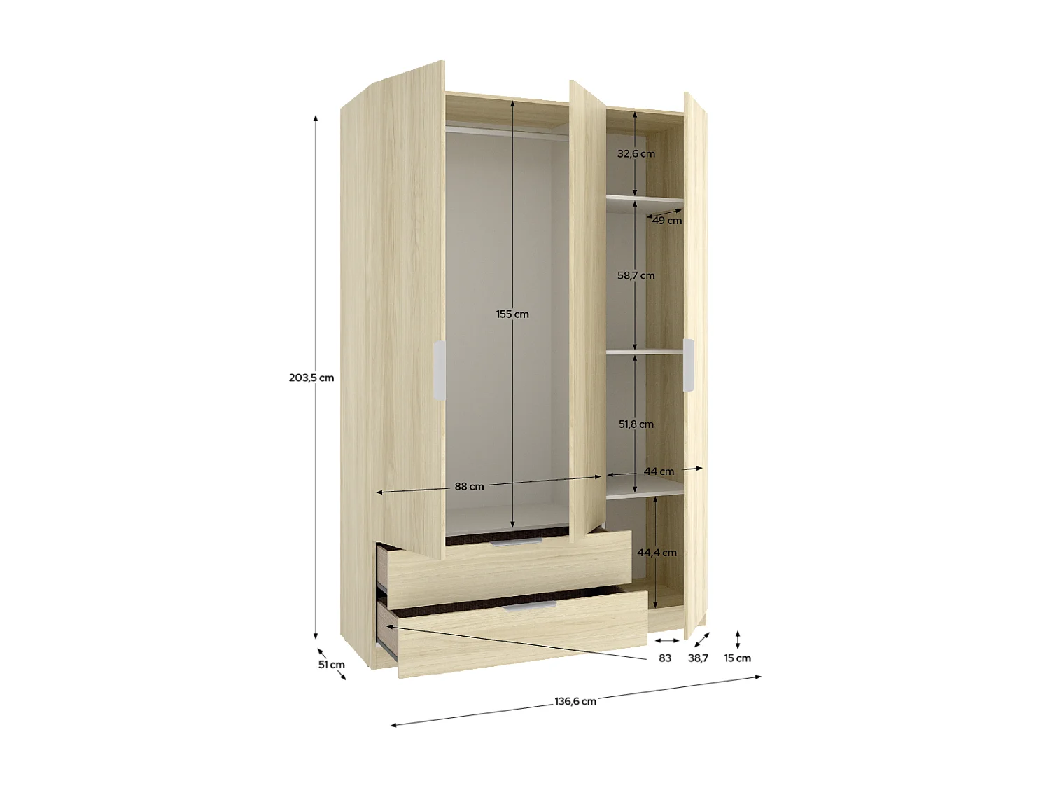 Armoire placard de rangement à 3 portes battantes et 2 tiroirs, coloris Chêne clair - Hauteur 203,5 x Longueur 136,6 x Profondeur 51,4 cm