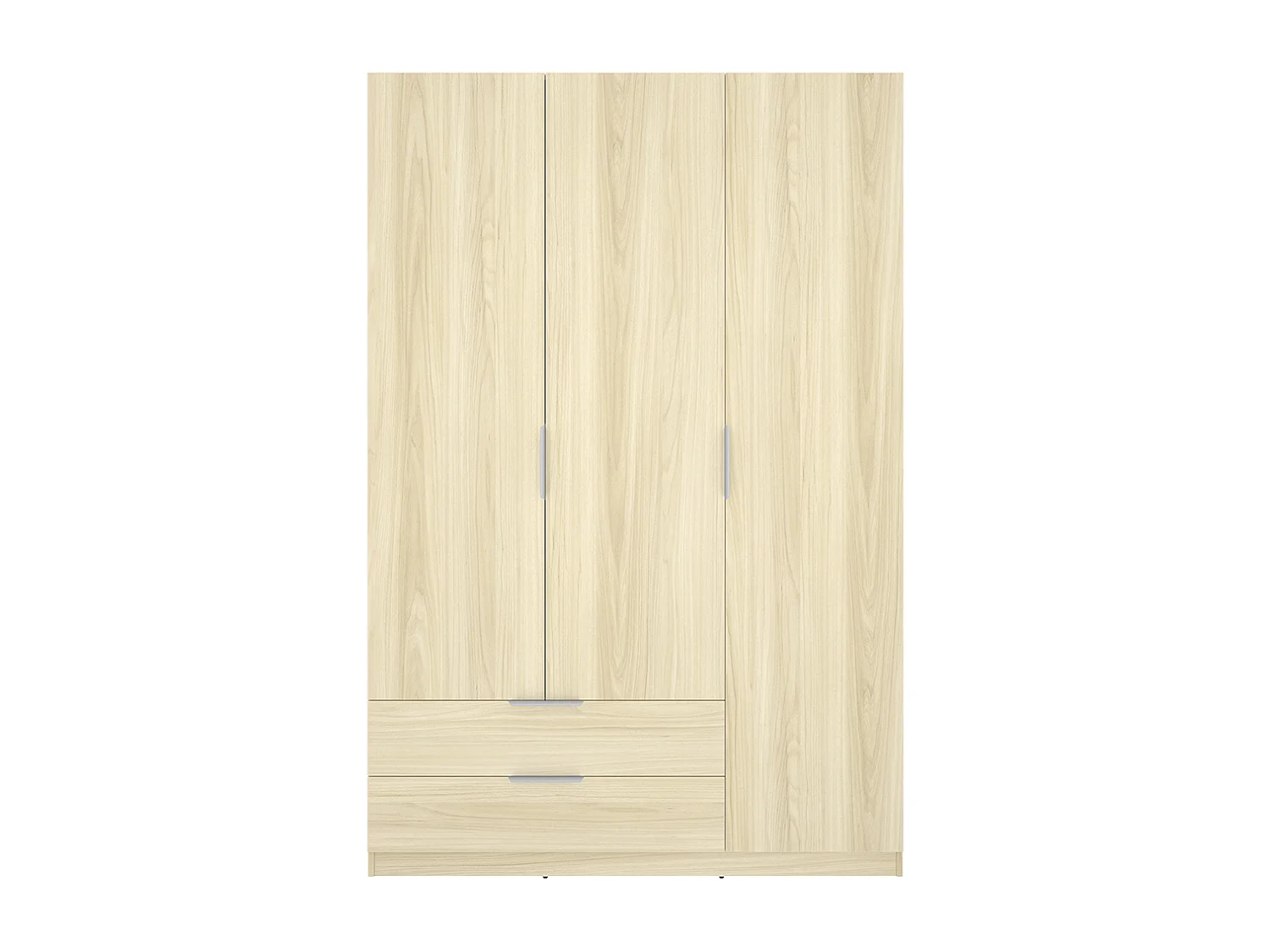 Armoire placard de rangement à 3 portes battantes et 2 tiroirs, coloris Chêne clair - Hauteur 203,5 x Longueur 136,6 x Profondeur 51,4 cm