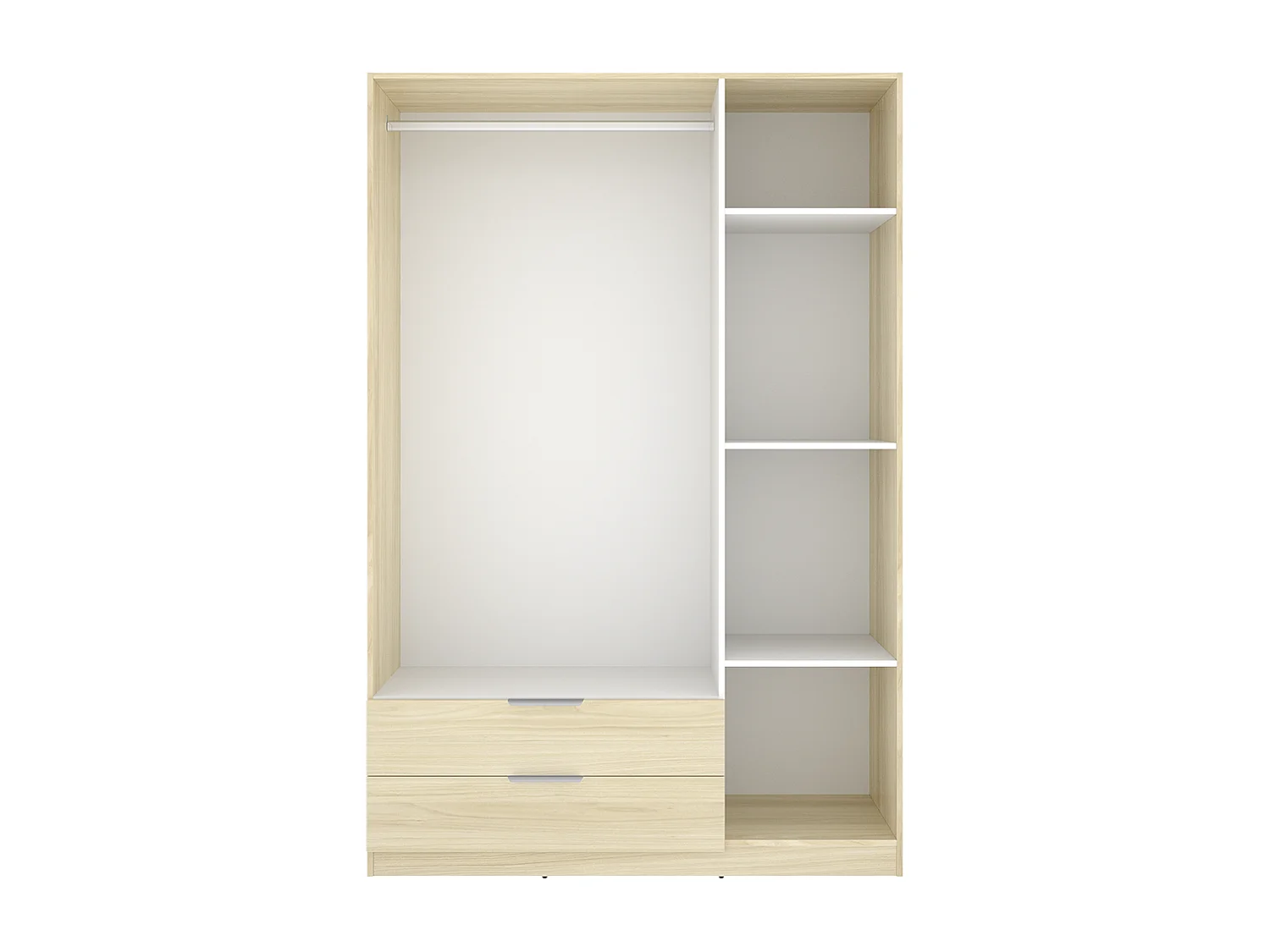 Armoire placard de rangement à 3 portes battantes et 2 tiroirs, coloris Chêne clair - Hauteur 203,5 x Longueur 136,6 x Profondeur 51,4 cm