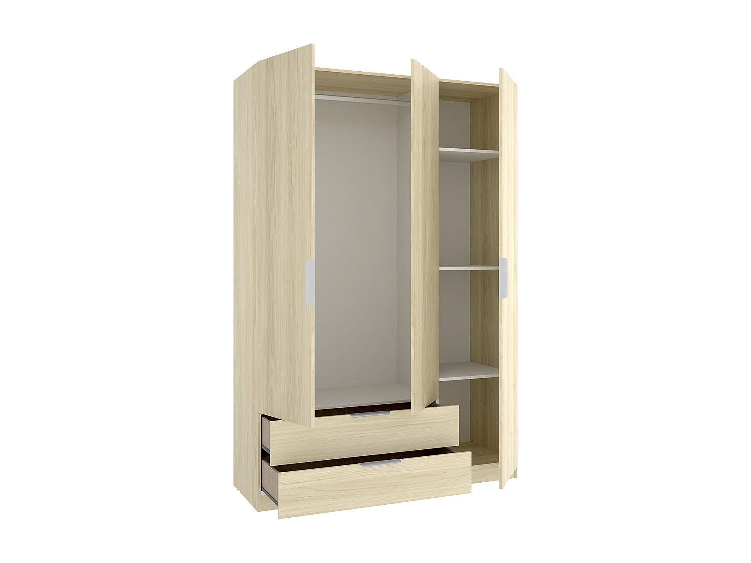 Armoire placard de rangement à 3 portes battantes et 2 tiroirs, coloris Chêne clair - Hauteur 203,5 x Longueur 136,6 x Profondeur 51,4 cm