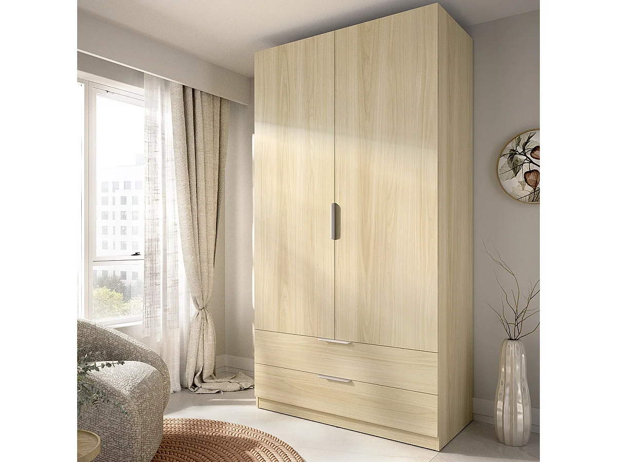 Armoire placard de rangement à 2 portes battantes et 2 tiroirs, coloris Chêne clair - Hauteur 203,5 x Longueur 91 x Profondeur 51,4 cm
