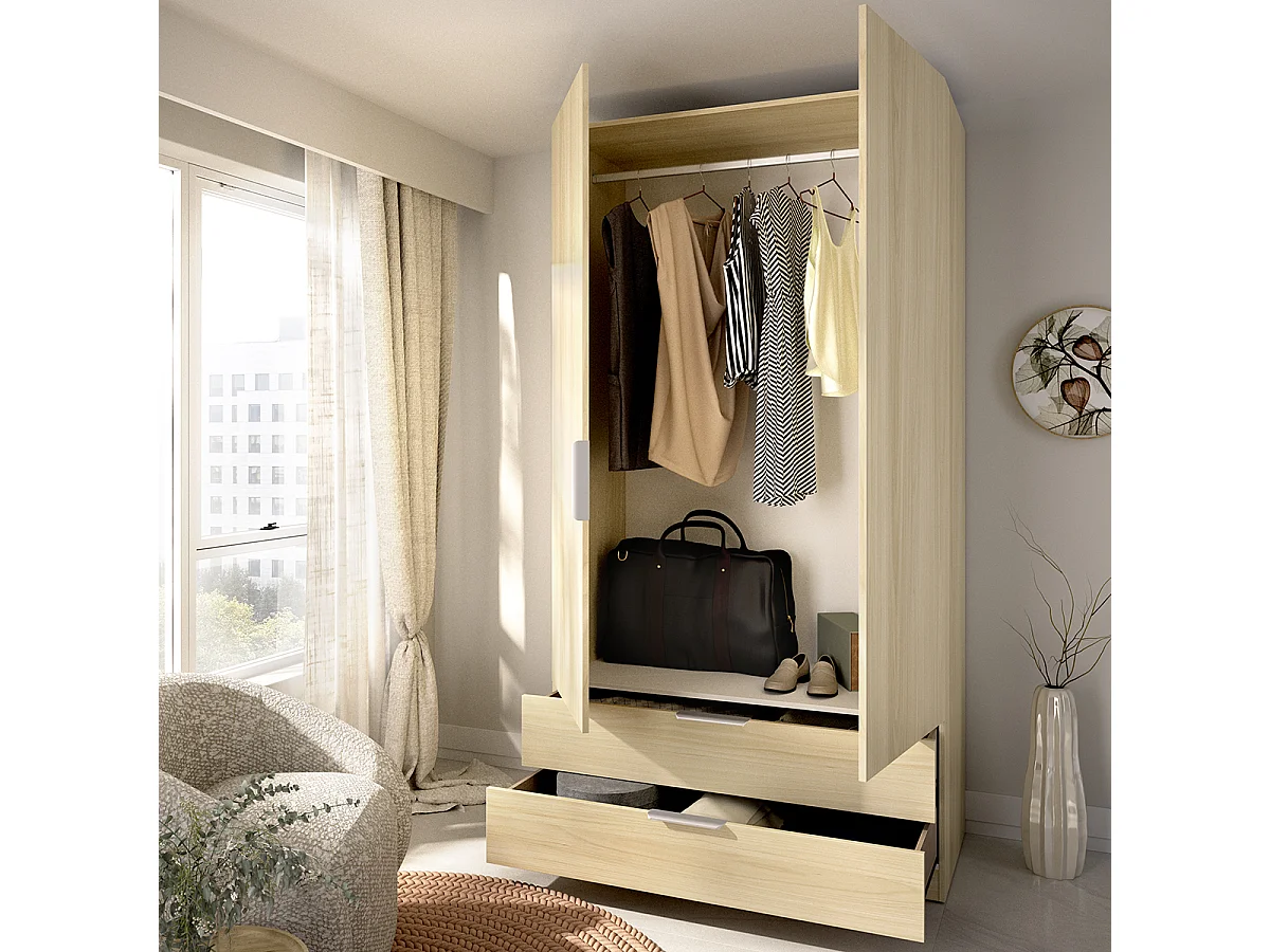 Armoire placard de rangement à 2 portes battantes et 2 tiroirs, coloris Chêne clair - Hauteur 203,5 x Longueur 91 x Profondeur 51,4 cm