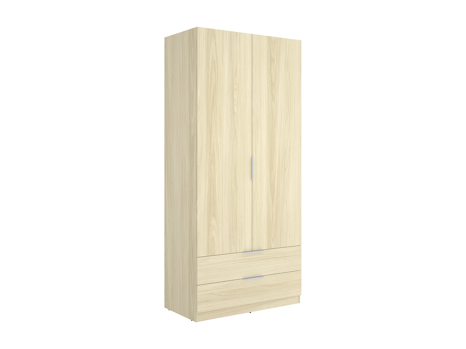 Armoire placard de rangement à 2 portes battantes et 2 tiroirs, coloris Chêne clair - Hauteur 203,5 x Longueur 91 x Profondeur 51,4 cm