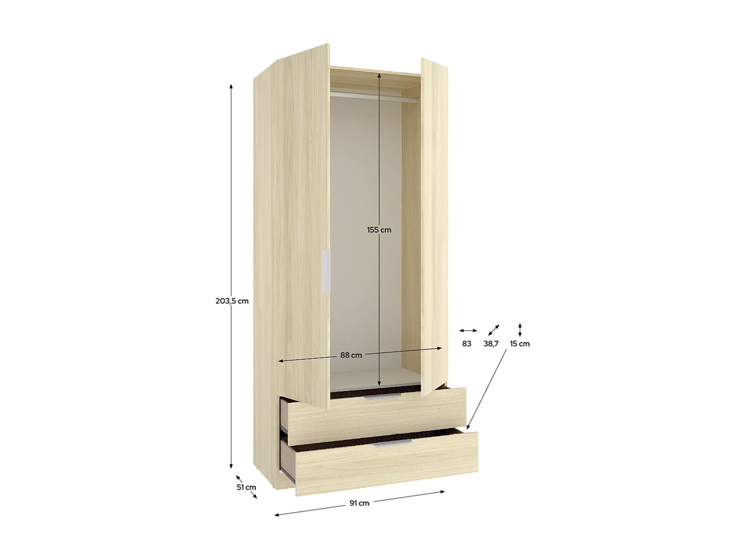 Armoire placard de rangement à 2 portes battantes et 2 tiroirs, coloris Chêne clair - Hauteur 203,5 x Longueur 91 x Profondeur 51,4 cm