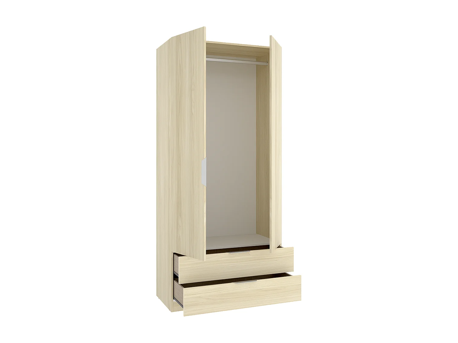 Armoire placard de rangement à 2 portes battantes et 2 tiroirs, coloris Chêne clair - Hauteur 203,5 x Longueur 91 x Profondeur 51,4 cm