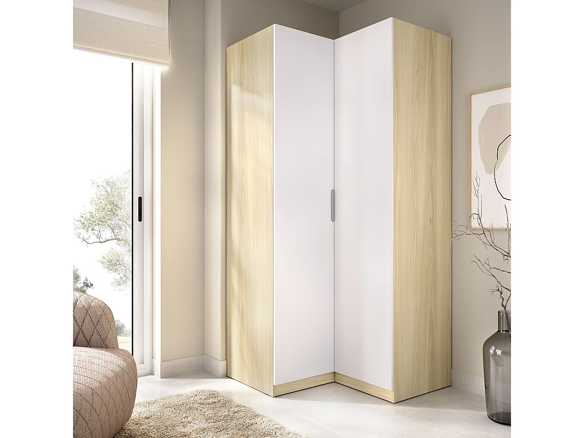 Armoire d'angle placard de rangement à 2 portes battantes, coloris blanc/Chêne clair - Hauteur 203,5 x Longueur 95 x Profondeur 97 cm
