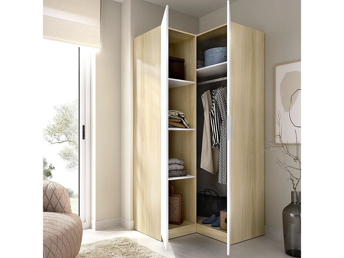 Armoire d'angle placard de rangement à 2 portes battantes, coloris blanc/Chêne clair - Hauteur 203,5 x Longueur 95 x Profondeur 97 cm