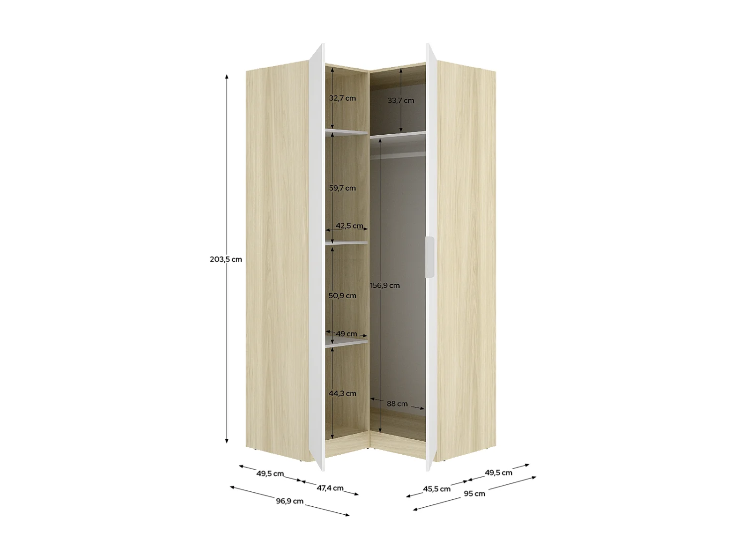 Armoire d'angle placard de rangement à 2 portes battantes, coloris blanc/Chêne clair - Hauteur 203,5 x Longueur 95 x Profondeur 97 cm