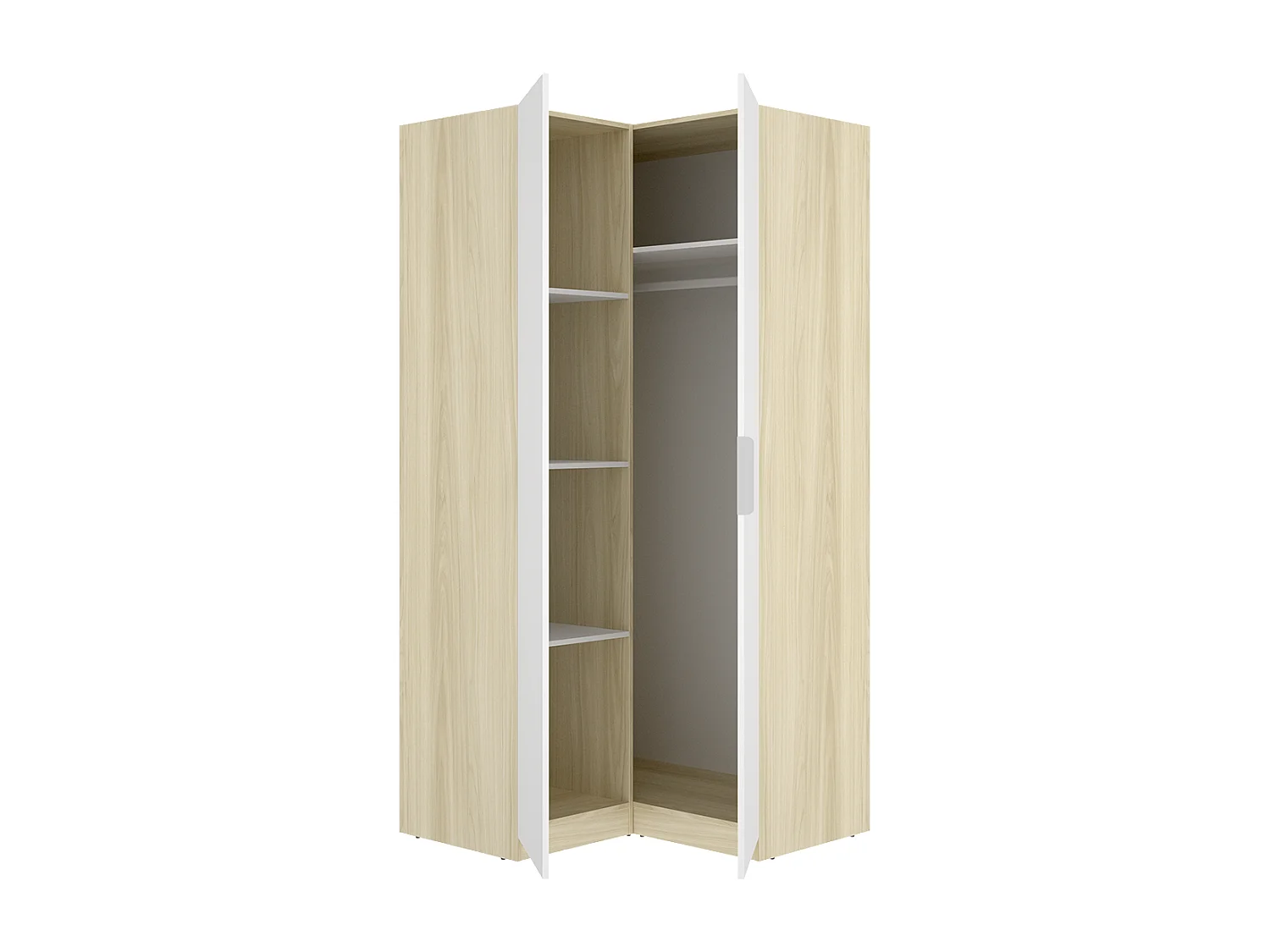 Armoire d'angle placard de rangement à 2 portes battantes, coloris blanc/Chêne clair - Hauteur 203,5 x Longueur 95 x Profondeur 97 cm