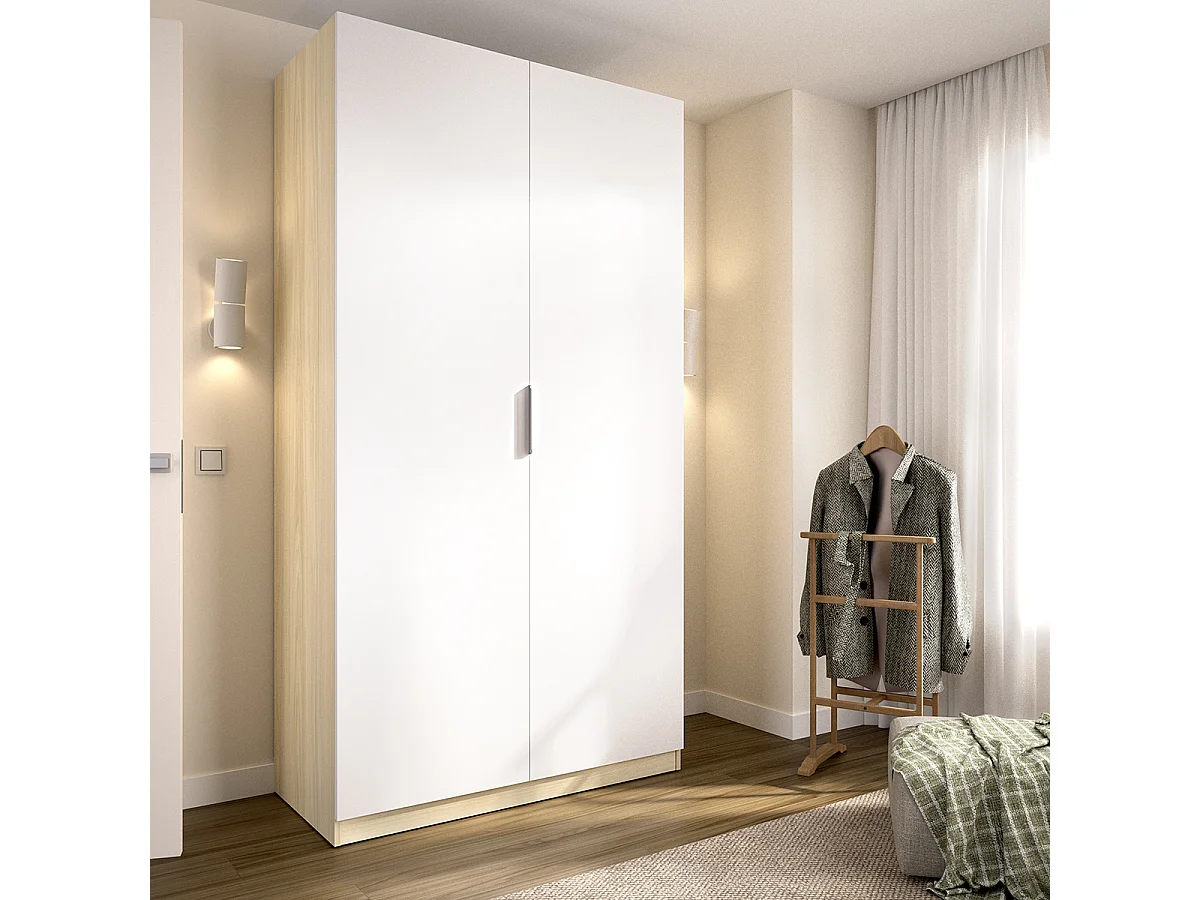 Armoire placard de rangement à 2 portes battantes et tringle, coloris blanc/Chêne clair - Hauteur 203,5 x Longueur 91 x Profondeur 51,4 cm