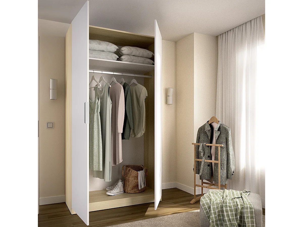 Armoire placard de rangement à 2 portes battantes et tringle, coloris blanc/Chêne clair - Hauteur 203,5 x Longueur 91 x Profondeur 51,4 cm