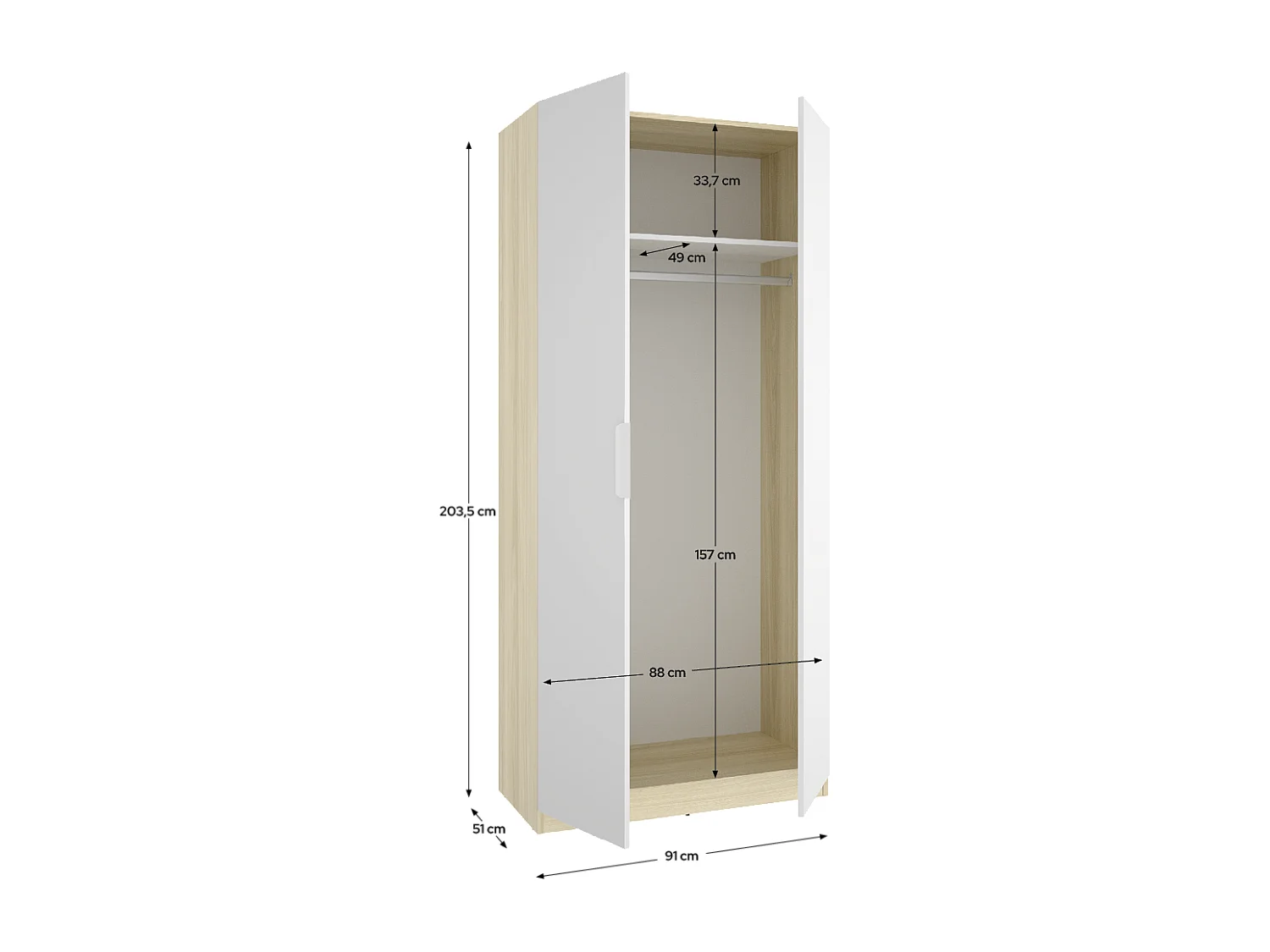 Armoire placard de rangement à 2 portes battantes et tringle, coloris blanc/Chêne clair - Hauteur 203,5 x Longueur 91 x Profondeur 51,4 cm