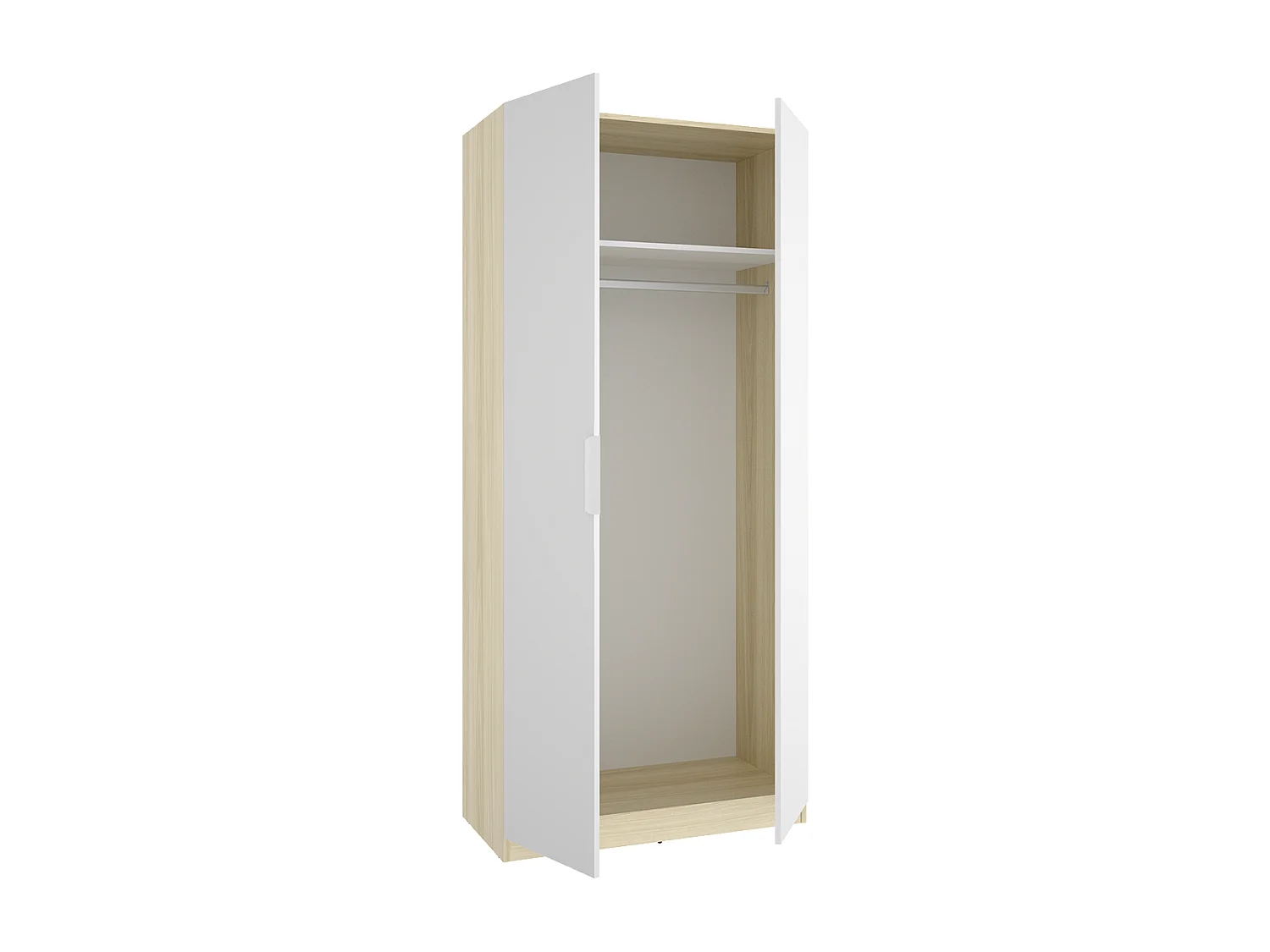 Armoire placard de rangement à 2 portes battantes et tringle, coloris blanc/Chêne clair - Hauteur 203,5 x Longueur 91 x Profondeur 51,4 cm