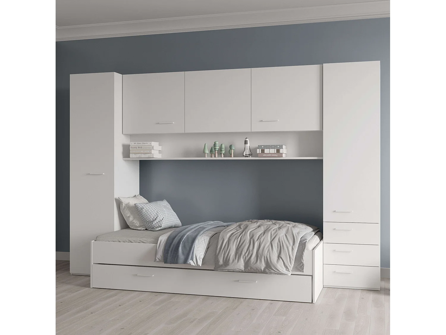Pack hab. juvenil infantil Tidy blanco mate armario puente+cama ind.+cajón