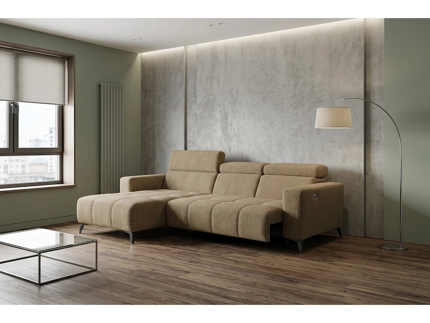 Nowoczesny narożnik Nicolette z elektryczną funkcją relax