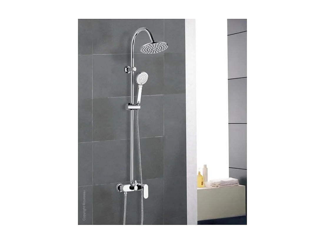 Rousseau Dakota Duschsäule verchromt mit mechanischem Mischventil, runder Kopf 200 mm, Regendusche 100 mm, Venturi-Effekt zur Wassereinsparung