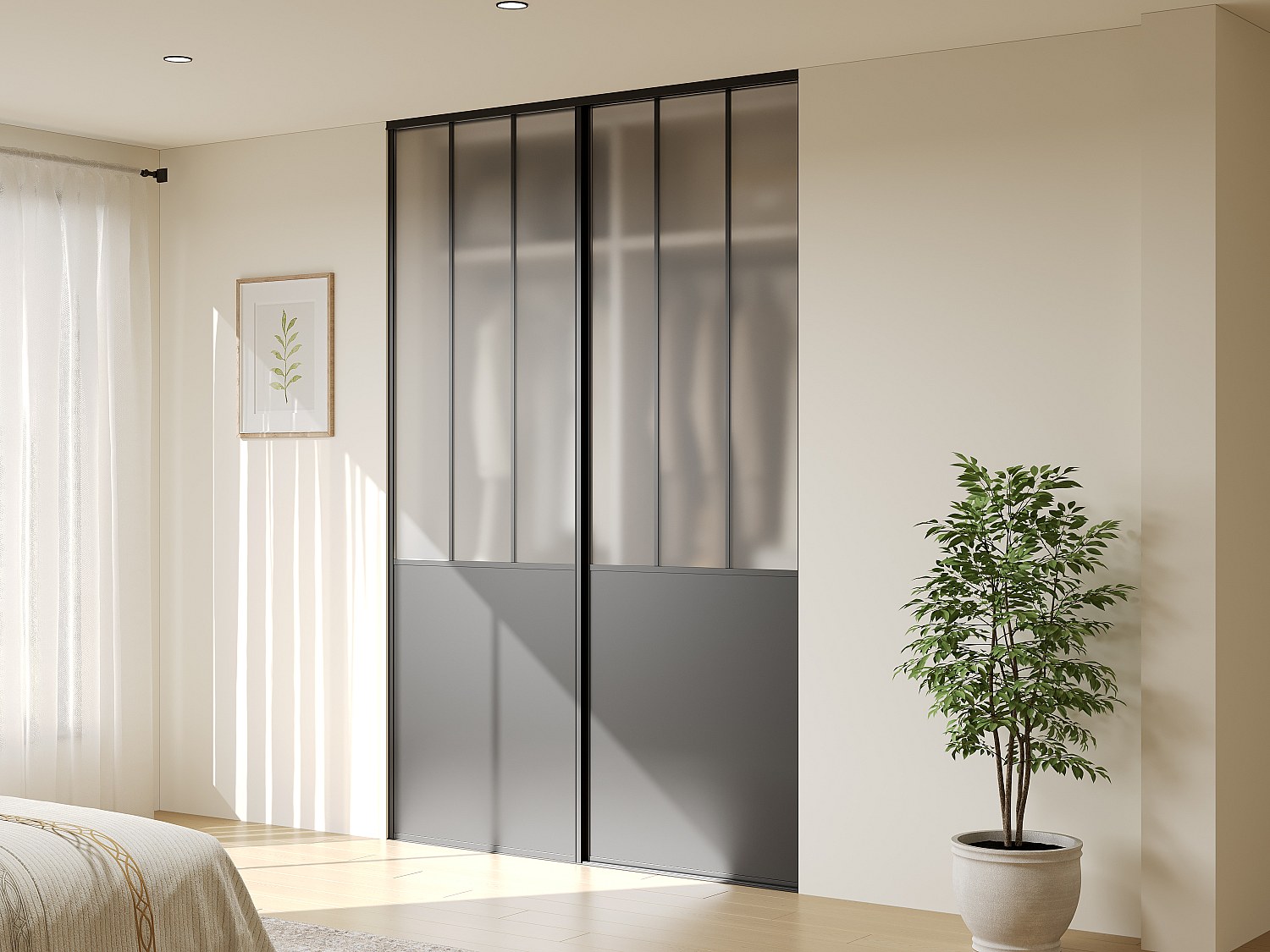 Schiebetüren für Kleiderschrank aus Stahl - Schwarz und mattiertes Sicherheitsglas - H250 x B130 cm - BELASI