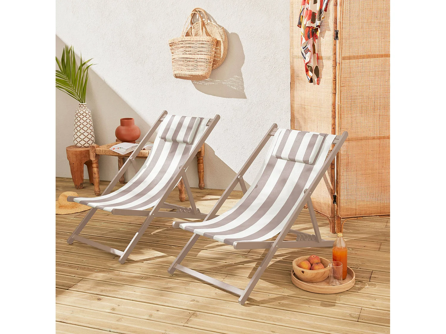 Lot de 2 bains de soleil - Gaia rayures marron - Transat en aluminium gris anthracite et textilene rayures marron avec coussin repose tête. chilienne