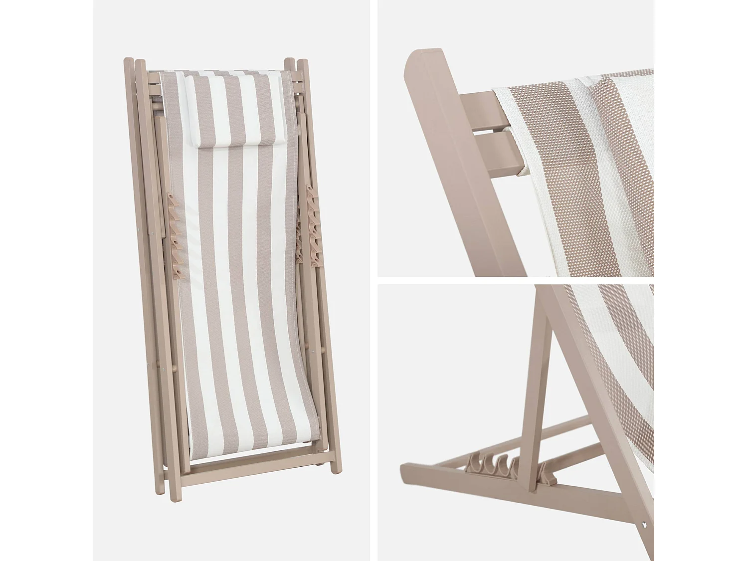 Lot de 2 bains de soleil - Gaia rayures marron - Transat en aluminium gris anthracite et textilene rayures marron avec coussin repose tête. chilienne