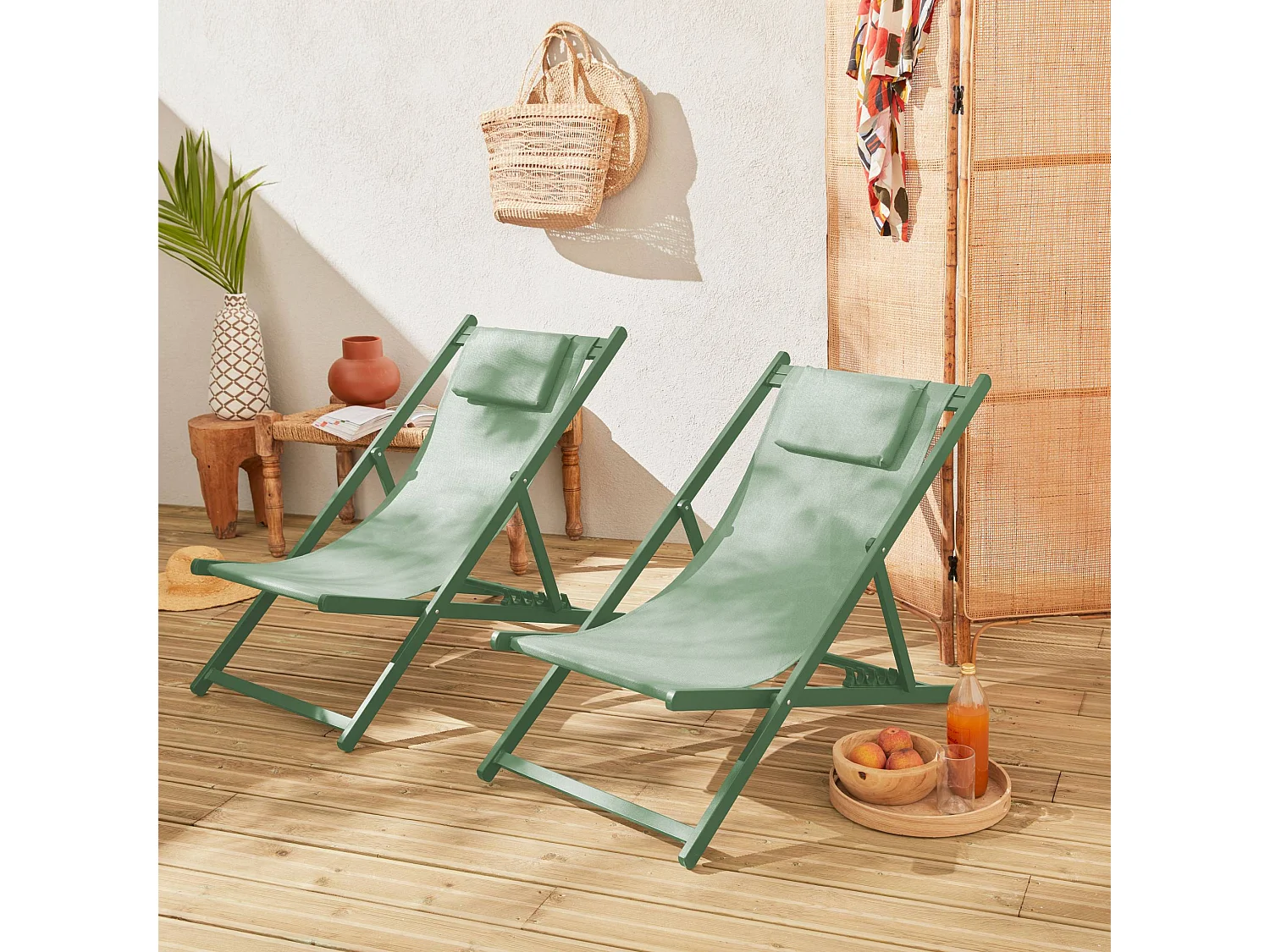 Lot de 2 bains de soleil - Gaia vert - Transat en aluminium gris anthracite et textilene vert avec coussin repose tête. chilienne