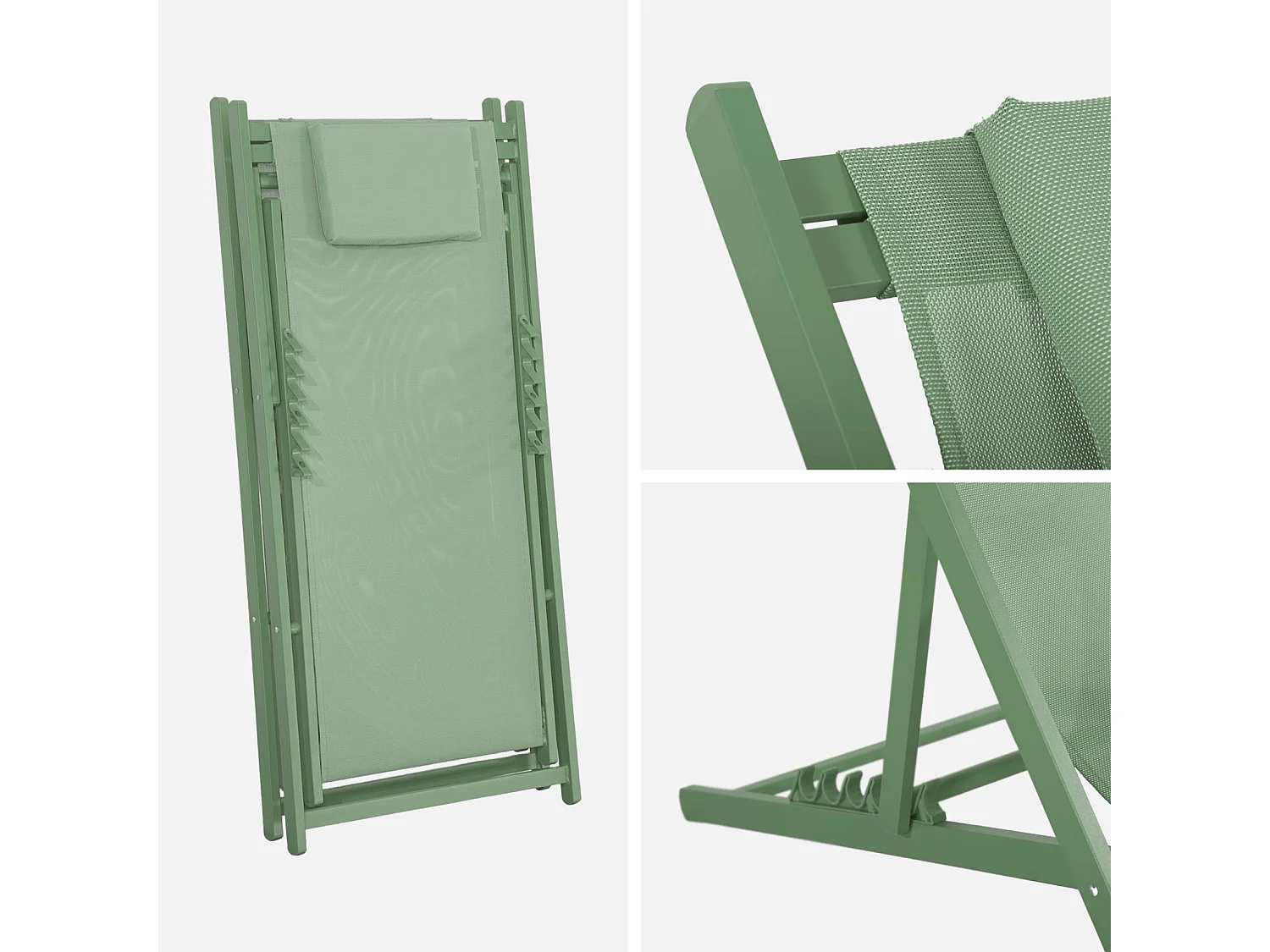 Lot de 2 bains de soleil - Gaia vert - Transat en aluminium gris anthracite et textilene vert avec coussin repose tête. chilienne