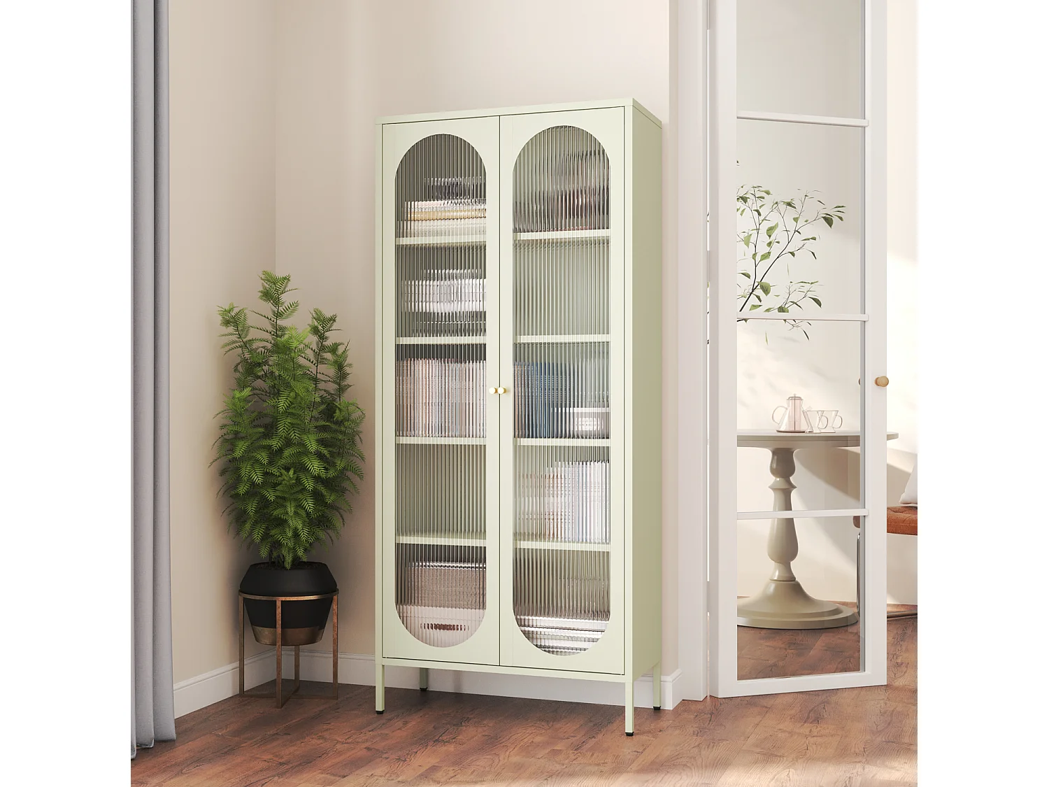Armoire en métal vert tilleul et verre 180cm YASMINE - HAPPY GARDEN