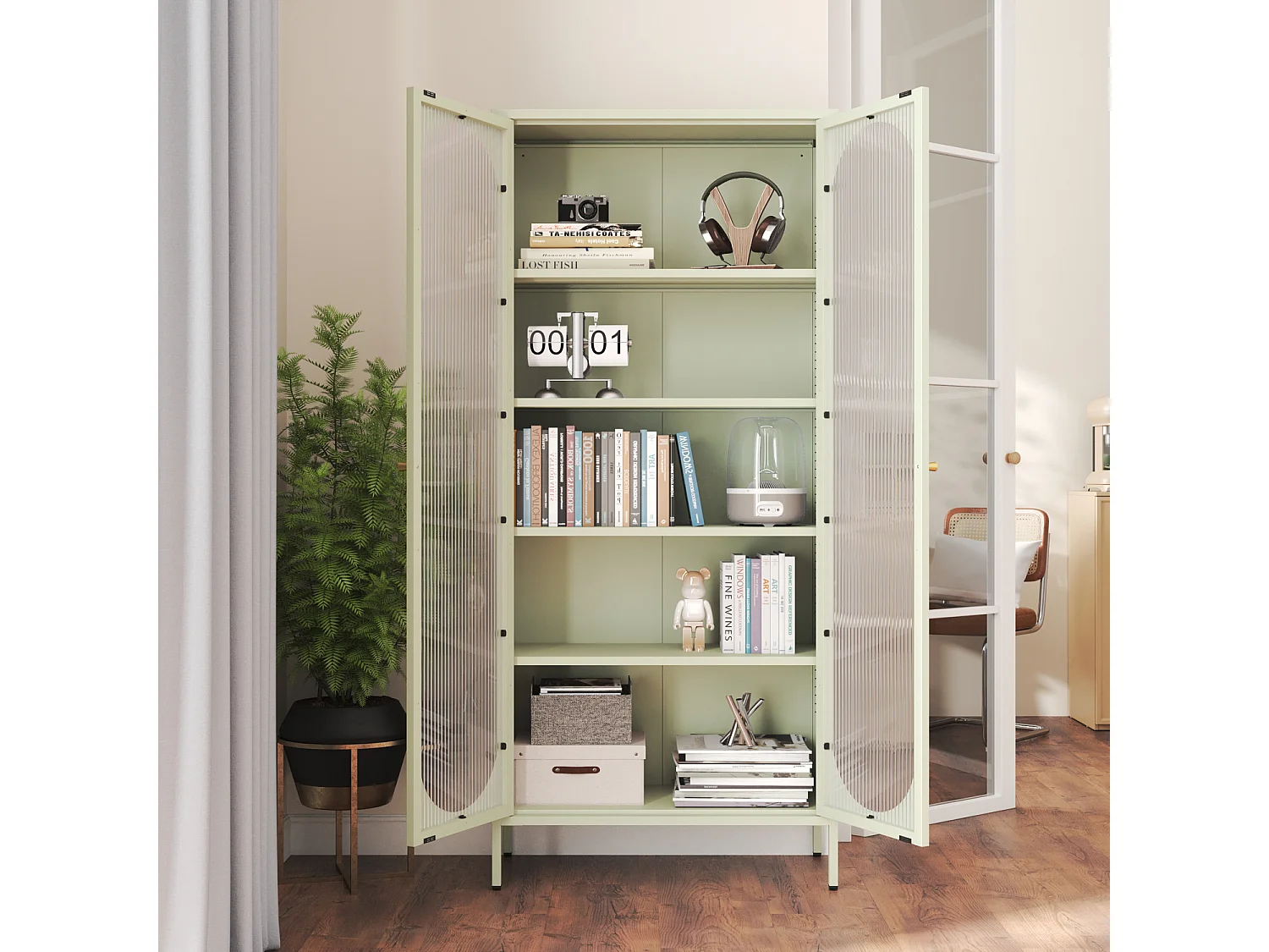 Armoire en métal vert tilleul et verre 180cm YASMINE - HAPPY GARDEN
