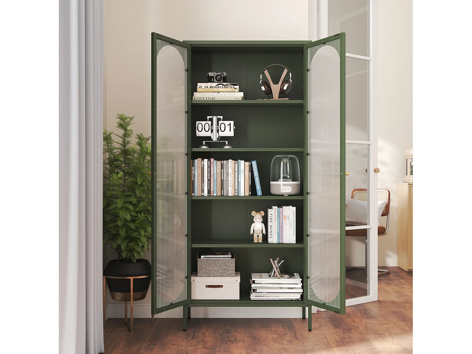 Armoire en métal vert kaki et verre 180cm YASMINE - HAPPY GARDEN