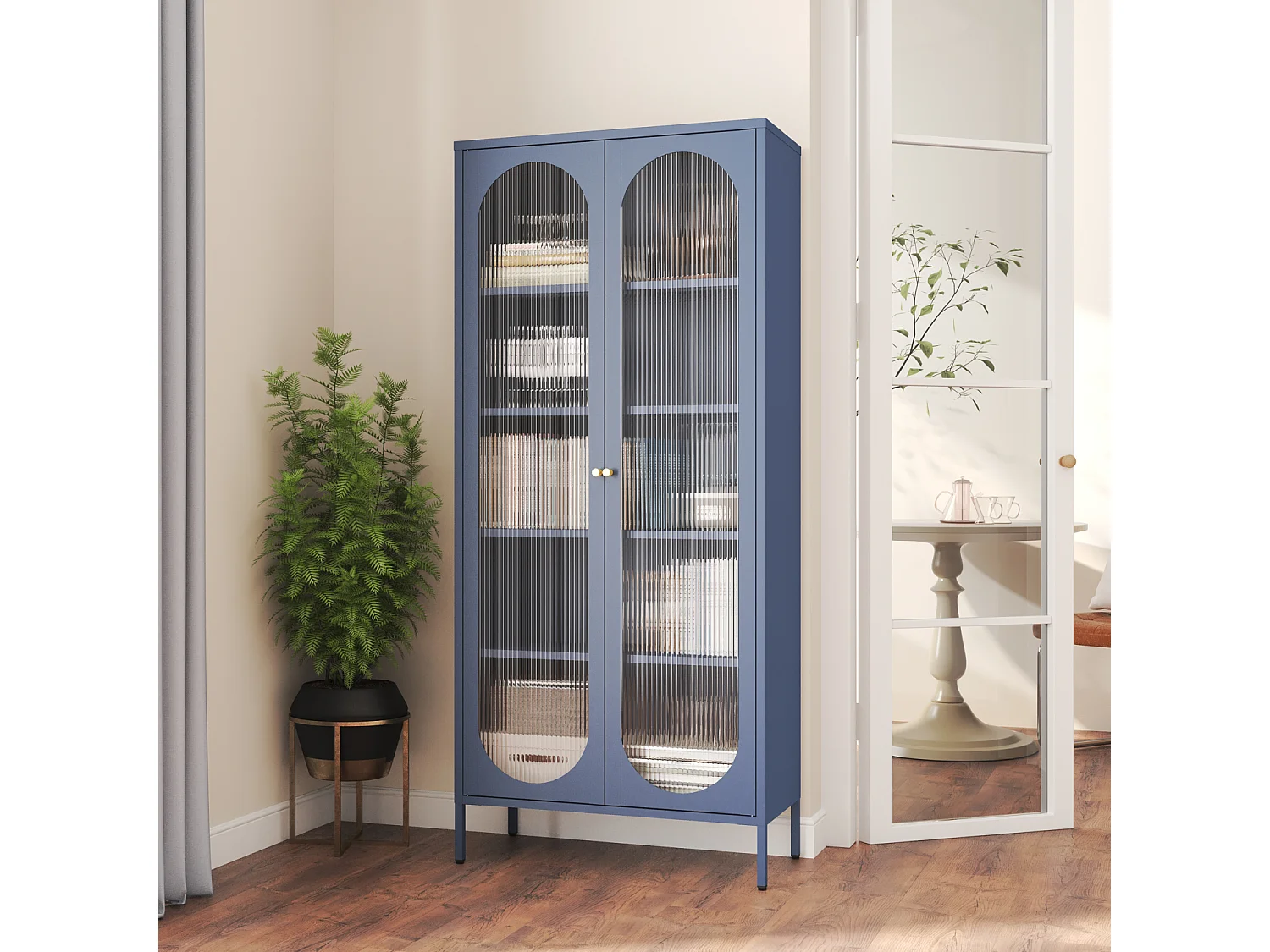 Armoire en métal bleu gris et verre 180cm YASMINE - HAPPY GARDEN