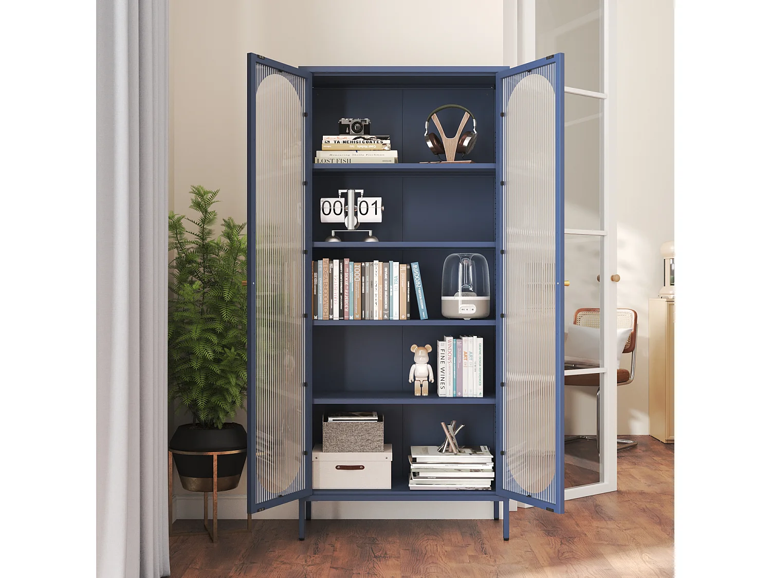Armoire en métal bleu gris et verre 180cm YASMINE - HAPPY GARDEN