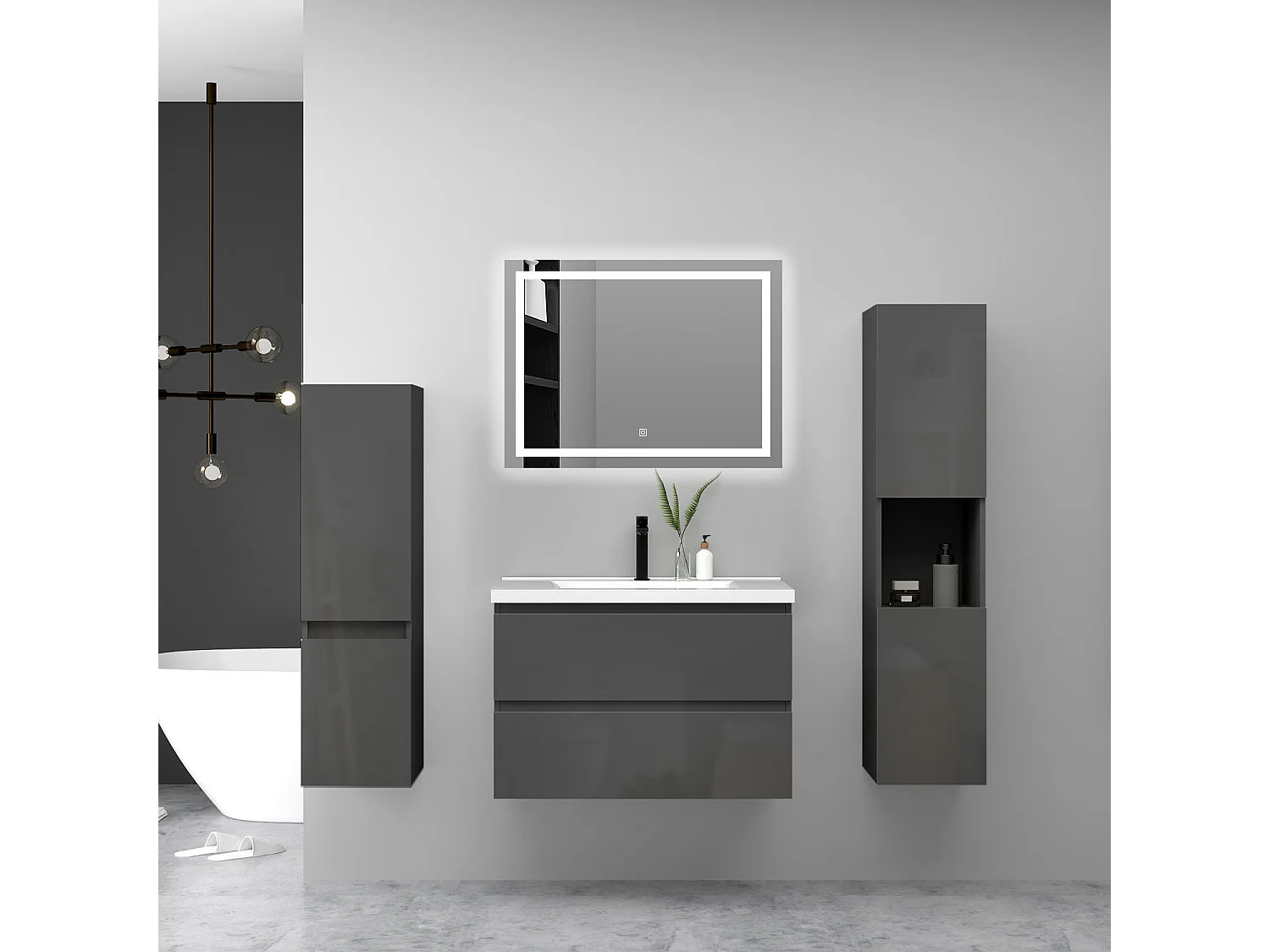 Ensemble Meuble Salle de Bain Suspendu 80cm Anthracite Brillant avec 2 Tiroirs à Fermeture Automatique + Miroir Tricolore +Simple Vasque Céramique +2*Colonne Haute