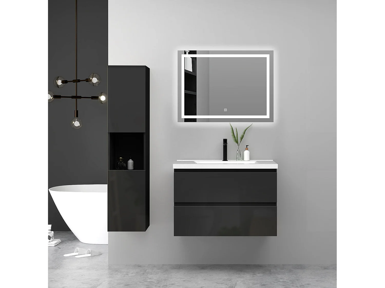 Ensemble Meuble Salle de Bain Suspendu 80cm Noir Brillant avec 2 Tiroirs à Fermeture Automatique + Miroir Tricolore + Simple Lavabo Céramique + Colonne