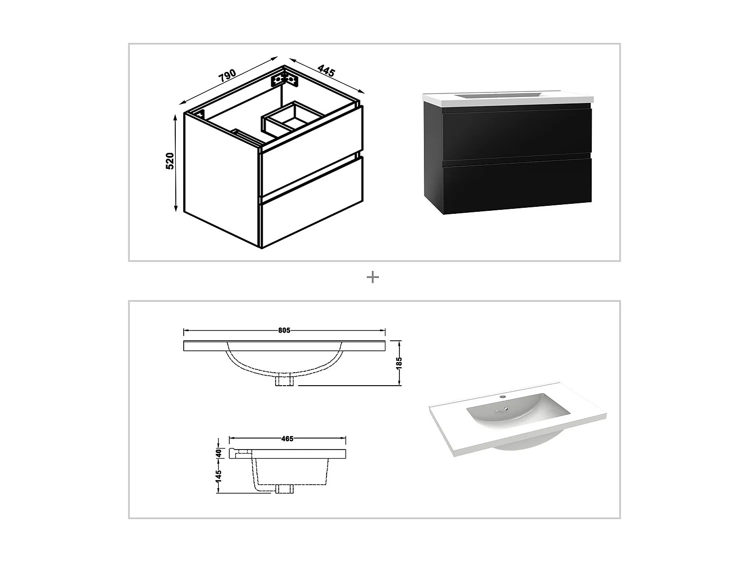Ensemble Meuble Salle de Bain Suspendu 80cm Noir Brillant avec 2 Tiroirs à Fermeture Automatique + Miroir Tricolore + Simple Lavabo Céramique + Colonne
