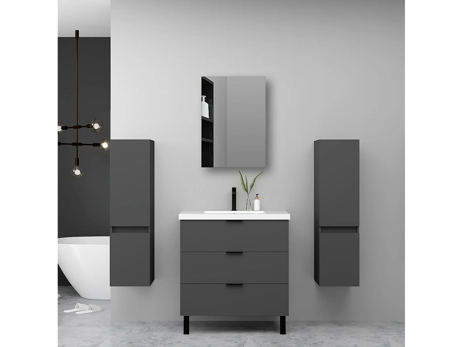 Ensemble meuble anthracite et lavabo L.80cm 3 tiroirs + 2*colonne haute + Armoire salle de bain avec miroir