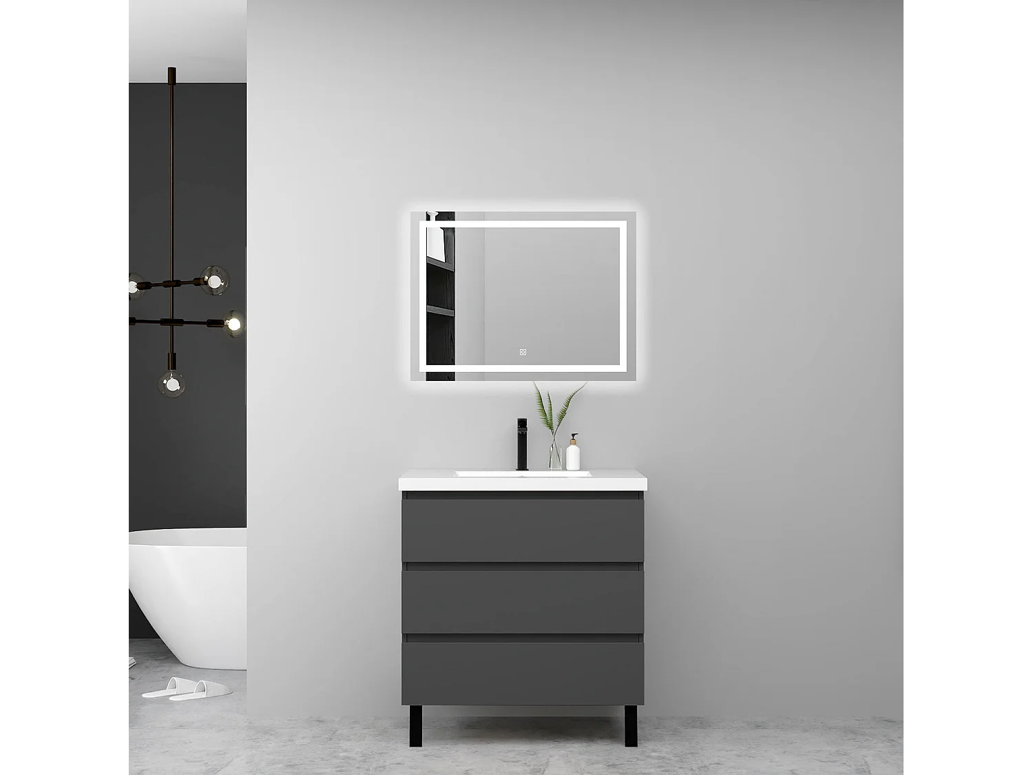 Meuble de salle de bain avec vasque, 60cm, 3 tiroirs avec fermeture amortie + miroir LED, meuble anthracite