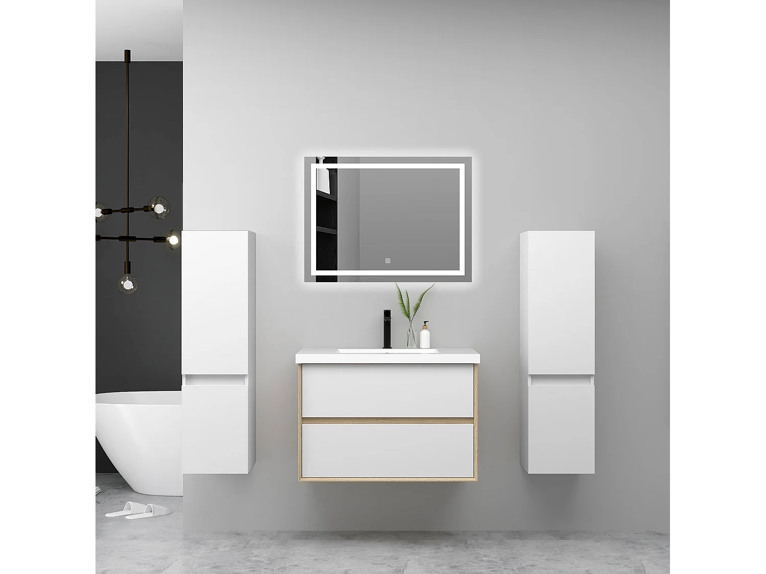 AICA Ensemble Meuble Salle de Bain Suspendu 60cm, Blanc + Chêne, Meuble 2 tiroirs + Lavabo + Miroir LED + 2 Colonne