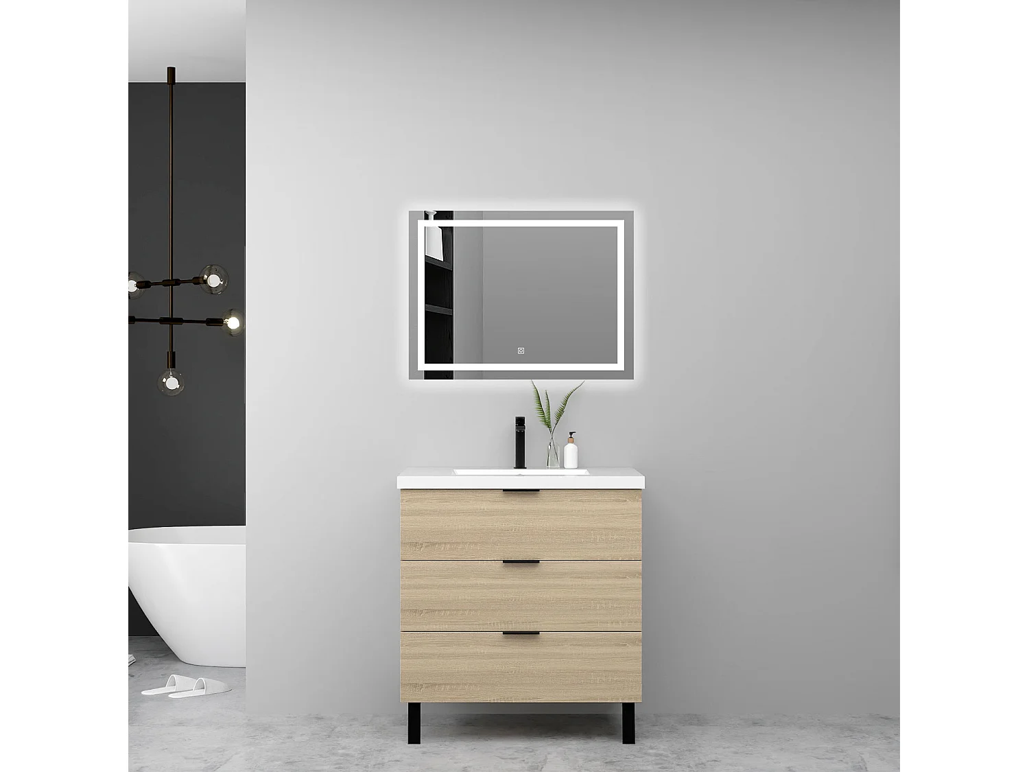 Meuble de salle de bain avec lavabo, 80cm, 3 tiroirs avec fermeture amortie + miroir LED, meuble chêne