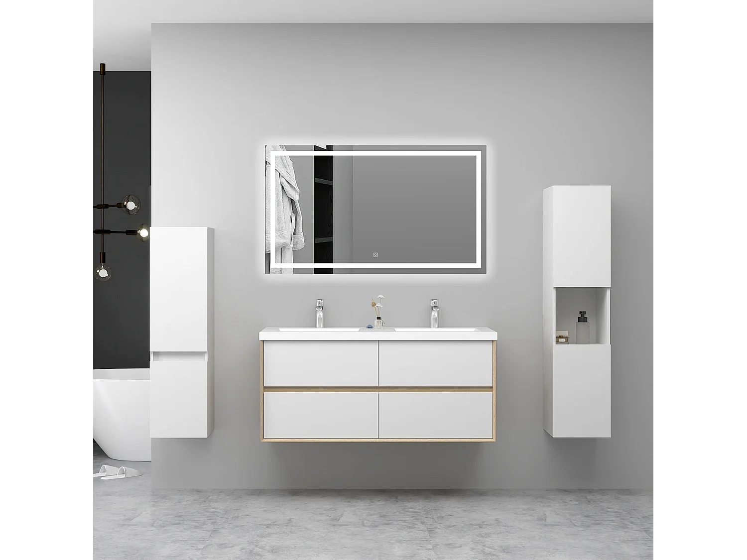 AICA Ensemble Meuble Salle de Bain Suspendu 120cm, Blanc + Chêne, Meuble 4 tiroirs + Vasque + Miroir LED + 2 Colonne haute