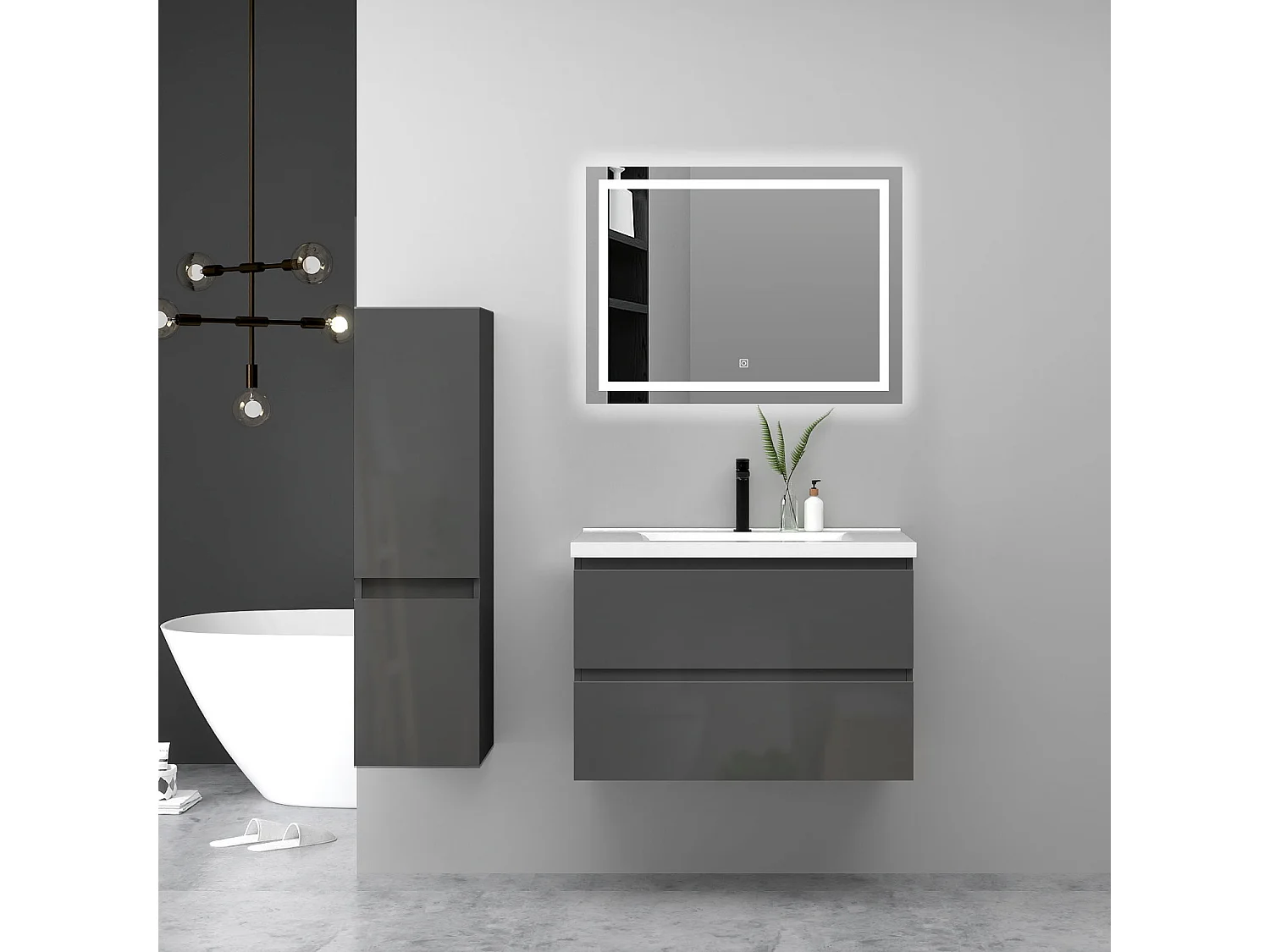 Ensemble Meuble Salle de Bain Suspendu 80cm Anthracite Brillant avec 2 Tiroirs à Fermeture Automatique + Miroir Tricolore + Simple Vasque Céramique + Colonne