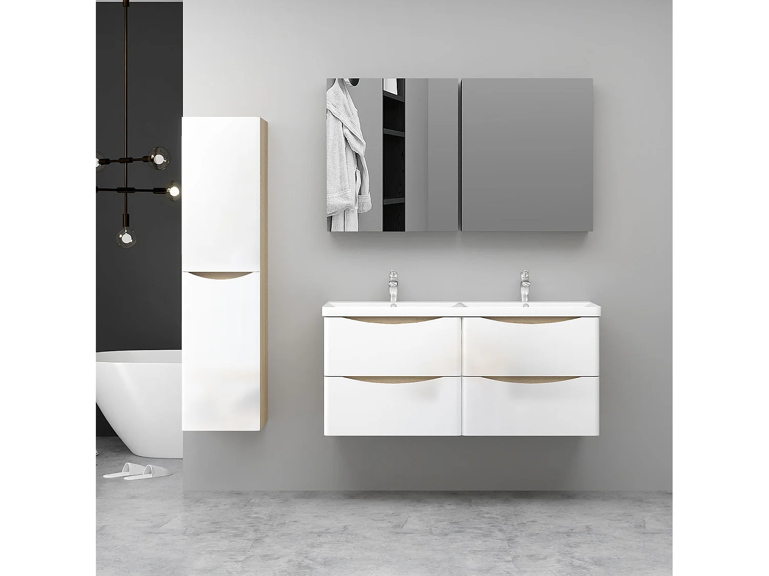 AICA Ensemble Meuble Salle de Bain Brillant Suspendu 120cm, Blanc + Chêne, Meuble 4 tiroirs + Lavabo + Armoire salle de bain avec miroir + Colonne