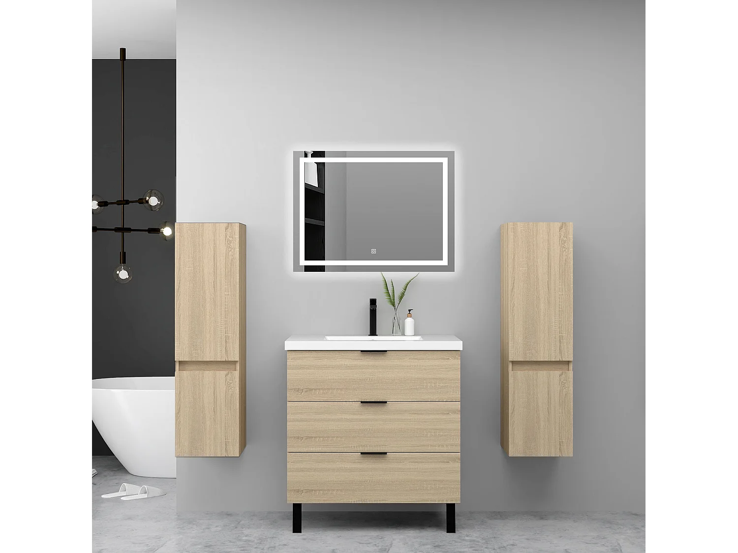 Ensemble meuble chêne et lavabo L.60cm 3 tiroirs + 2*colonne haute + miroir LED