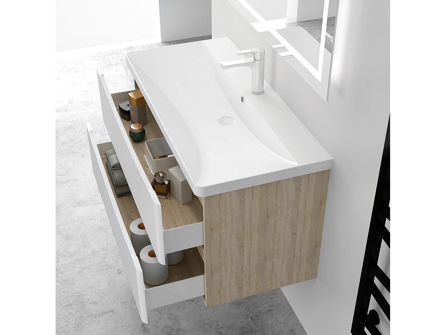AICA Ensemble Meuble Salle de Bain Brillant Suspendu 100cm, Blanc + Chêne, Meuble 2 tiroirs + Lavabo + Armoire salle de bain avec miroir + Colonne