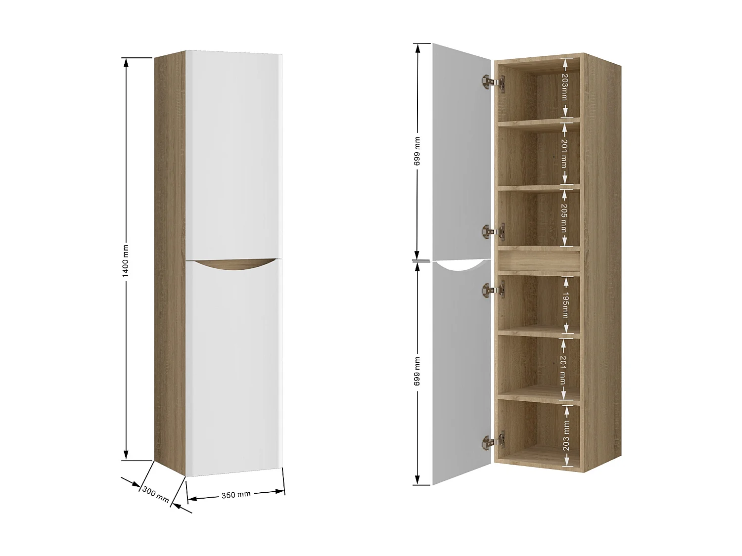 AICA Ensemble Meuble Salle de Bain Brillant Suspendu 100cm, Blanc + Chêne, Meuble 2 tiroirs + Lavabo + Armoire salle de bain avec miroir + Colonne