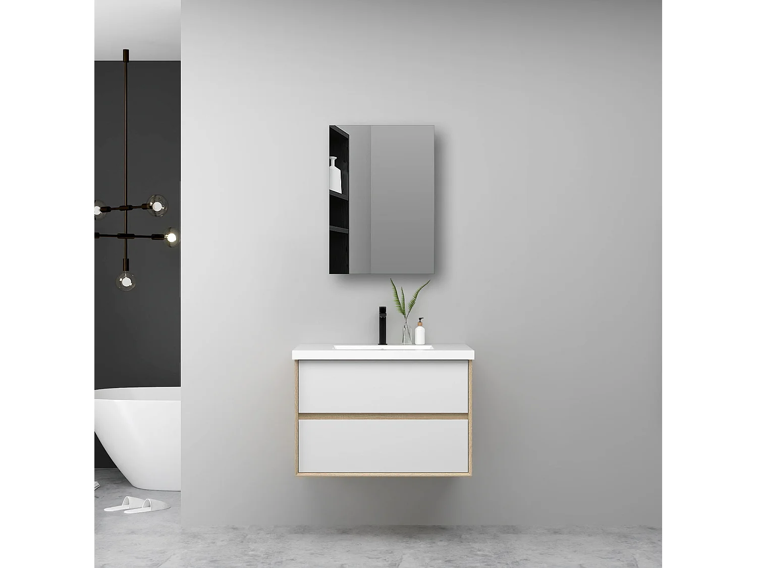 AICA Ensemble Meuble Salle de Bain Suspendu 80cm, Blanc + Chêne, Meuble 2 tiroirs + Lavabo + Armoire salle de bain avec miroir
