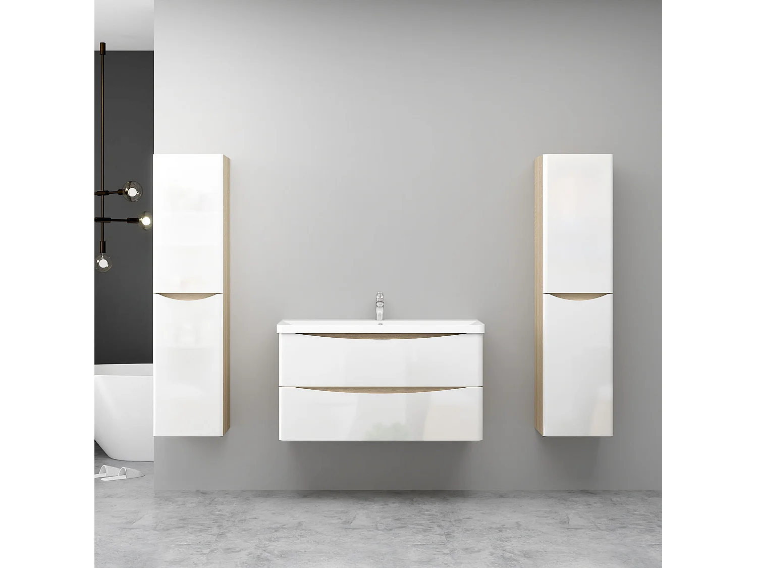 AICA Ensemble Meuble Salle de Bain Brillant Suspendu 100cm, Blanc + Chêne, Meuble 2 tiroirs + Lavabo + 2Colonne