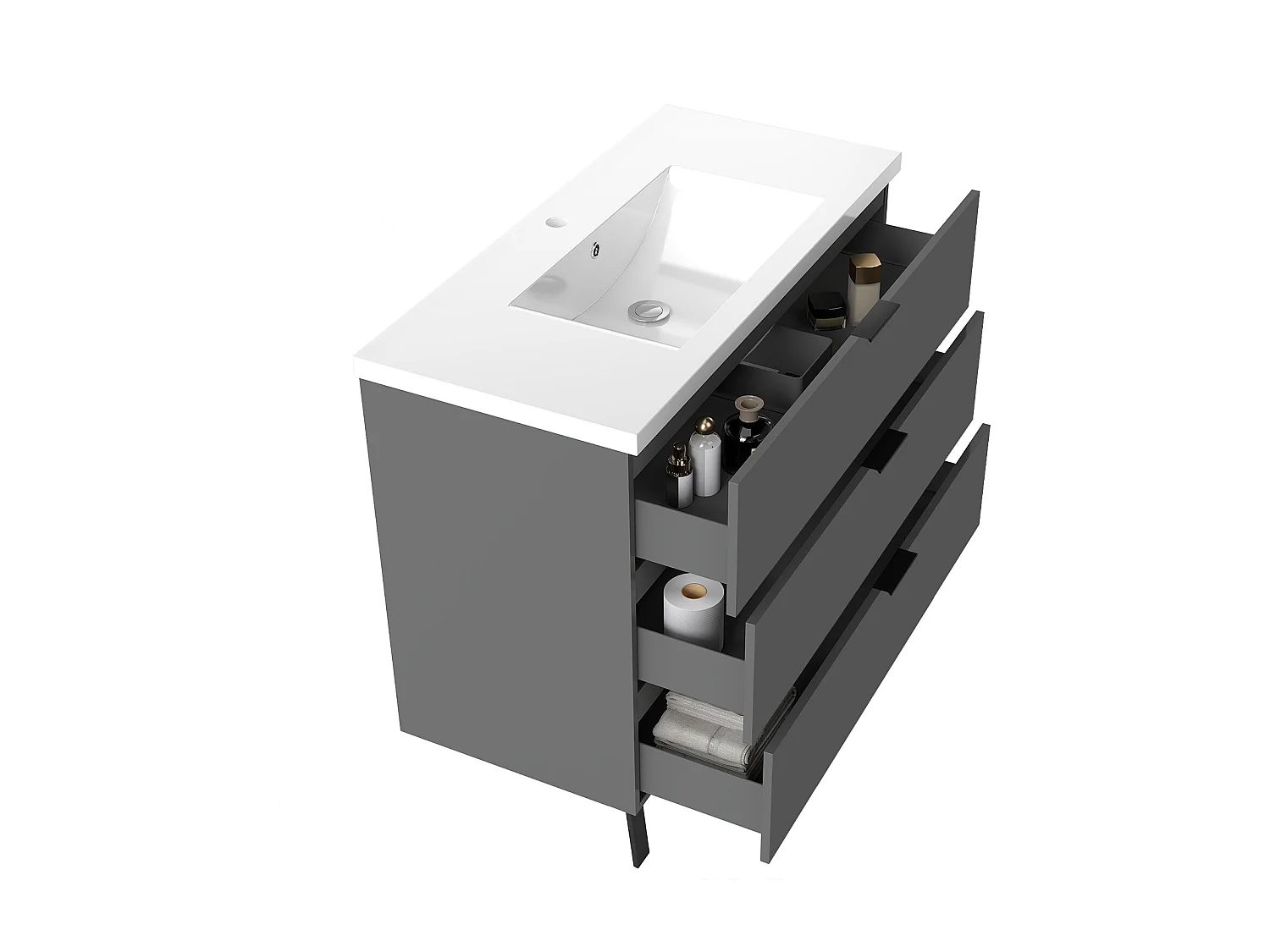 Meuble de salle de bain avec lavabo, 100cm, 3 tiroirs avec fermeture amortie + Armoire salle de bain avec miroir, meuble anthracite