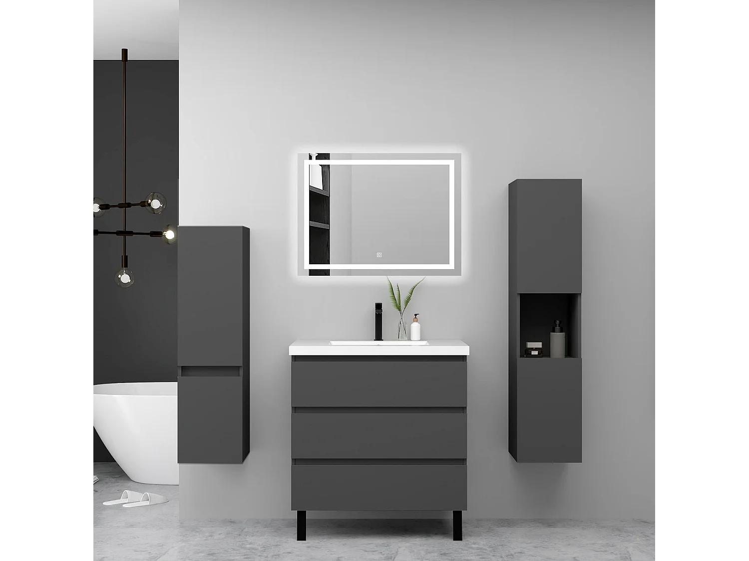 Ensemble meuble anthracite et vasque L.60cm 3 tiroirs avec fermeture amortie + 2*colonne + miroir LED