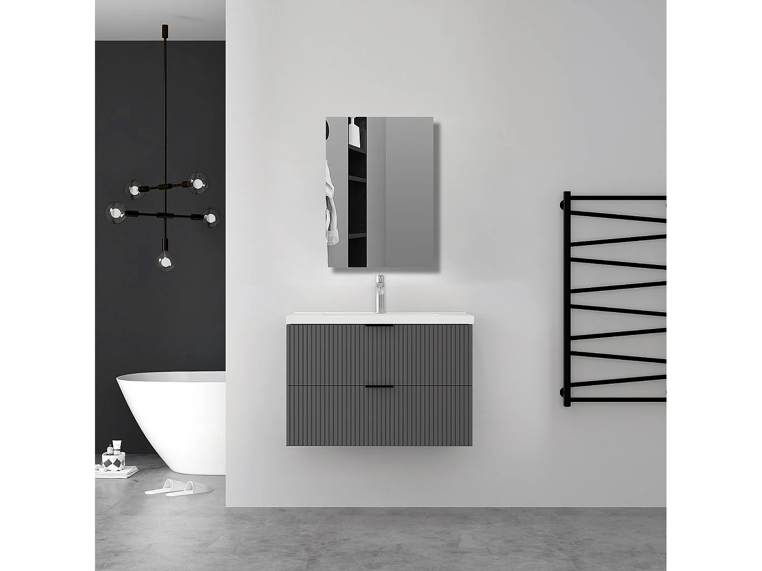 Aica Meuble de salle de bain suspendu 100 cm Anthracite + 2 tiroirs, avec Vasque + Armoire salle de bain avec miroir