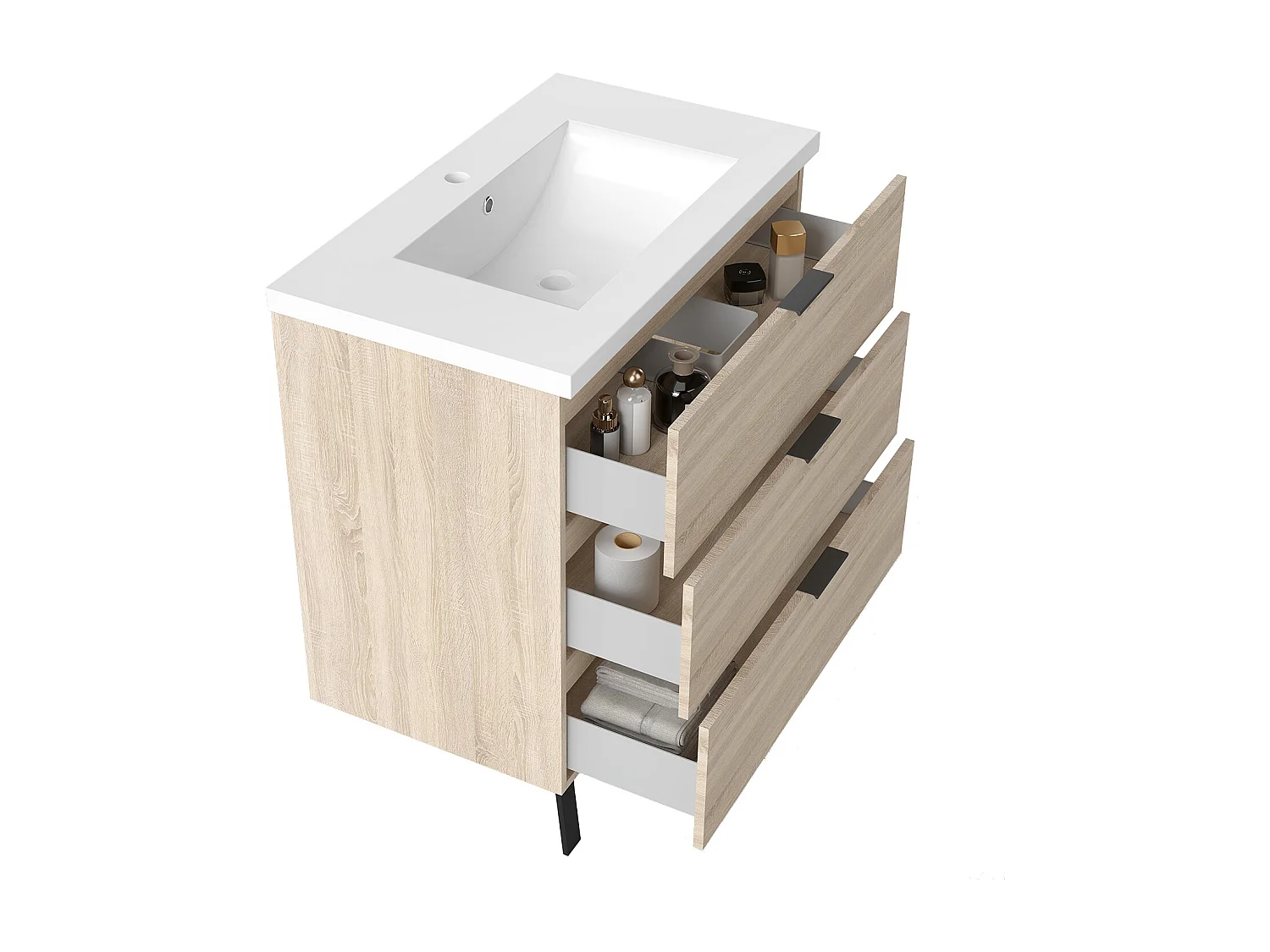 Ensemble meuble chêne et lavabo L.80cm 3 tiroirs avec fermeture amortie + colonne haute + Armoire salle de bain avec miroir